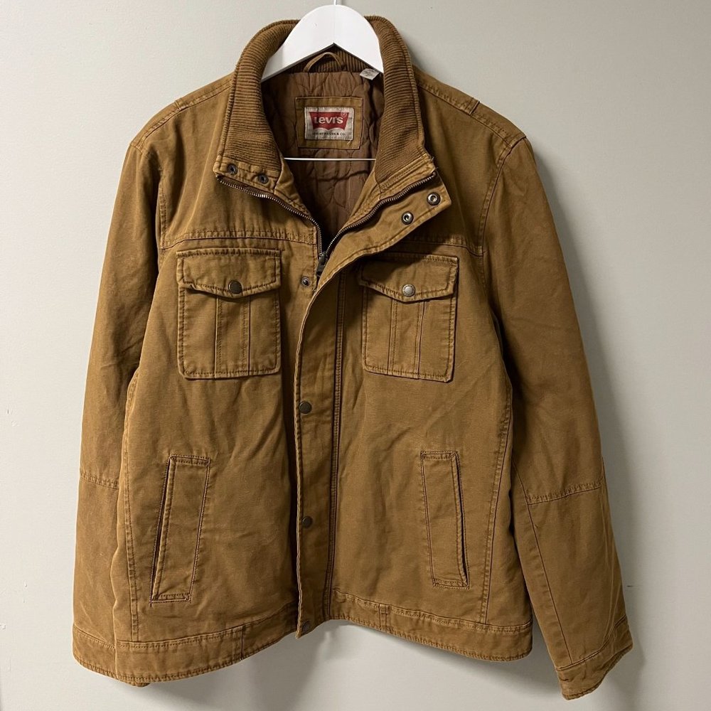 Levi's Men's Knit Collar Twill Trucker Khaki Jacket Size Large Lined